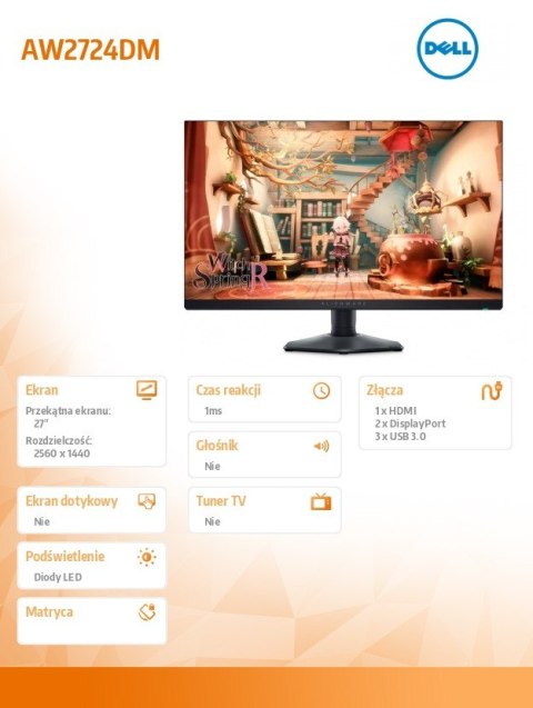 Dell Monitor Alienware AW2724DM 27 cali LED 2560x1440/HDMI/DP/USB/3Y Dell Monitor Alienware AW2724DM 27 cali LED 2560x1440/HDMI/DP/USB/3Y