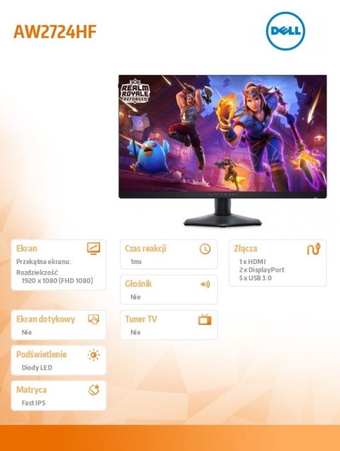 Dell Monitor Alienware AW2724HF 27 cali LED 1920x1080/HDMI/DP/USB/3Y Dell Monitor Alienware AW2724HF 27 cali LED 1920x1080/HDMI/DP/USB/3Y