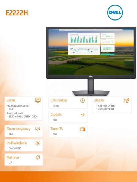 Dell Monitor E2222H 21,5 cali LED 1920x1080/VGA/DP/3Y Dell Monitor E2222H 21,5 cali LED 1920x1080/VGA/DP/3Y
