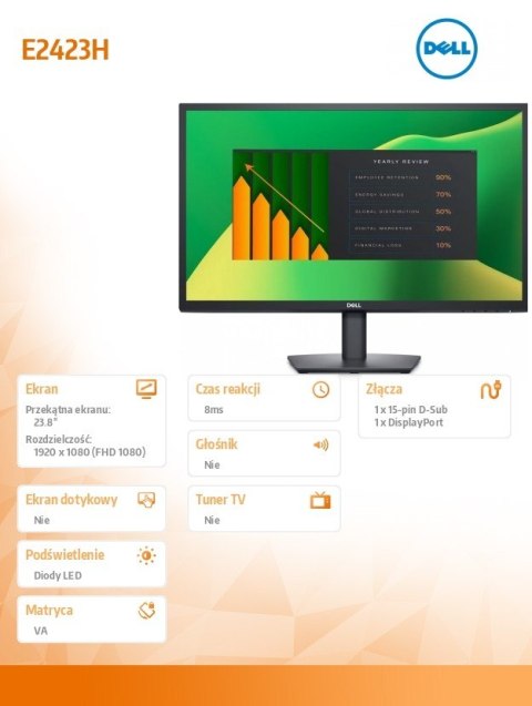 Dell Monitor E2423H 23.8 cali VA LED Full HD (1920x1080) /16:9/VGA/DP/3Y AES Dell Monitor E2423H 23.8 cali VA LED Full HD (1920x1080) /16:9/VGA/DP/3Y AES