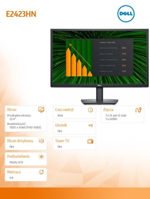 Dell Monitor E2423HN 23,8 cali VA LED Full HD (1920x1080)/16:9/HDMI/VGA/3Y AES Dell Monitor E2423HN 23,8 cali VA LED Full HD (1920x1080)/16:9/HDMI/VGA/3Y AES