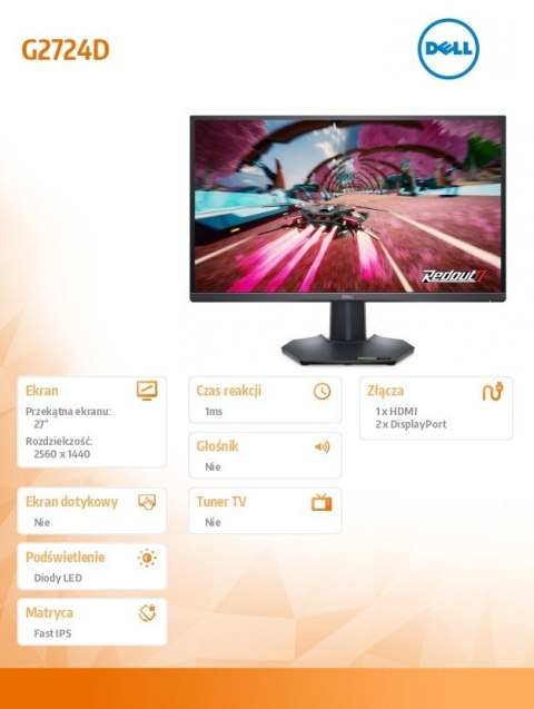 Dell Monitor G2724D 27 cali 165Hz IPS/2560x1440/HDMI/DP/3Y Dell Monitor G2724D 27 cali 165Hz IPS/2560x1440/HDMI/DP/3Y