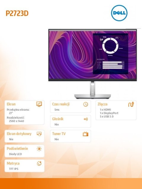 Dell Monitor P2723D 27 cali IPS LED QHD (2560x1440)/16:9/HDMI/DP/5xUSB 3.2/3Y AES Dell Monitor P2723D 27 cali IPS LED QHD (2560x1440)/16:9/HDMI/DP/5xUSB 3.2/3Y AES