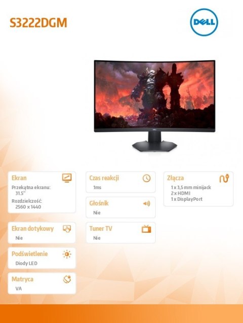 Dell Monitor S3222DGM 31,5 cali VA 2560x1440/2xHDMI/DP/3Y Dell Monitor S3222DGM 31,5 cali VA 2560x1440/2xHDMI/DP/3Y