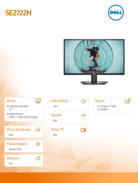 Dell Monitor SE2722H 27 cali LED VA 1920x1080/HDMI/VGA/3Y Dell Monitor SE2722H 27 cali LED VA 1920x1080/HDMI/VGA/3Y