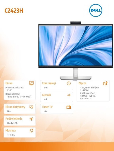 Dell Monitor Video Conferencing C2423H 23,8 cali LED IPS Full HD (1920x1080)/16:9/HDMI/DP/Kamera/Głośniki/Mikrofon/3Y AES&PPG Dell Monitor Video Conferencing C2423H 23,8 cali LED IPS Full HD (1920x1080)/16:9/HDMI/DP/Kamera/Głośniki/Mikrofon/3Y AES&PPG