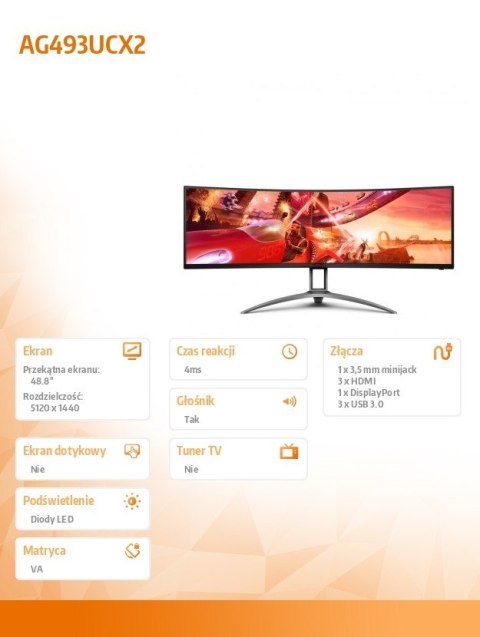 AOC Monitor AG493UCX2 49165Hz VA Curved HDMIx3 DP AOC Monitor AG493UCX2 49165Hz VA Curved HDMIx3 DP