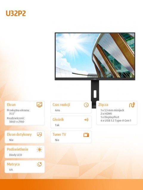 AOC Monitor U32P2 31.5 VA 4K HDMIx2 DP Pivot AOC Monitor U32P2 31.5 VA 4K HDMIx2 DP Pivot