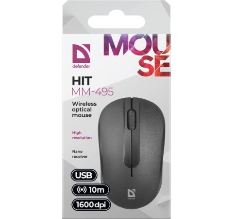 Defender Mysz bezprzewodowa optyczna HIT MM-495 czarna 1600 dpi Defender Mysz bezprzewodowa optyczna HIT MM-495 czarna 1600 dpi