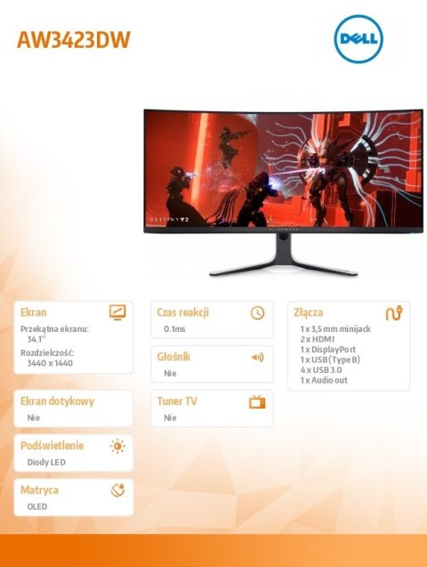 Dell Monitor Alienware AW3423DW 34.1 cali Curved NVIDIA G-Sync Ultimate 175Hz OLED QHD (3440x1440) /21:9/DP/2xHDMI/5xUSB 3.2/3Y AES&P Dell Monitor Alienware AW3423DW 34.1 cali Curved NVIDIA G-Sync Ultimate 175Hz OLED QHD (3440x1440) /21:9/DP/2xHDMI/5xUSB 3.2/3Y AES&P