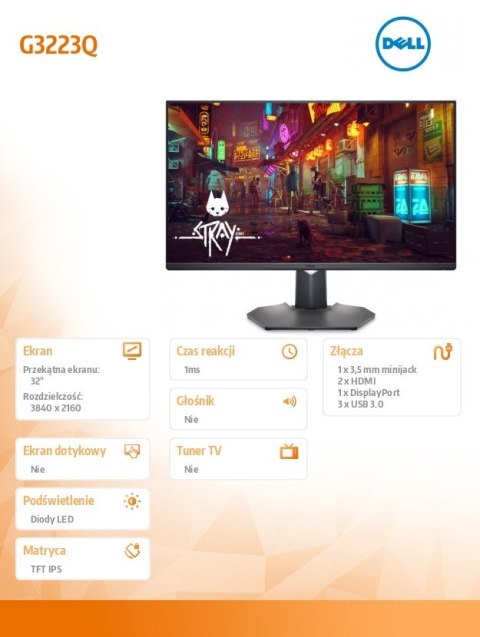 Dell Monitor G3223Q 32 cali FreeSync 144Hz IPS LED 4K (3840x2160)/16:9/DP/2xHDMI/USB-B/USB/3Y AES&PPE Dell Monitor G3223Q 32 cali FreeSync 144Hz IPS LED 4K (3840x2160)/16:9/DP/2xHDMI/USB-B/USB/3Y AES&PPE