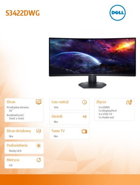 Dell Monitor S3422DWG 34 cale VA LED 21:9/3440x1440/HDMI/DP/3Y Dell Monitor S3422DWG 34 cale VA LED 21:9/3440x1440/HDMI/DP/3Y