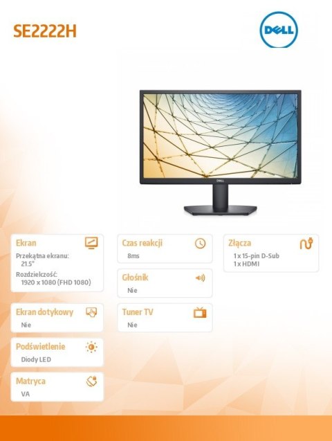 Dell Monitor SE2222H 21,5 cali LED 1920x1080/HDMI/VGA/3Y Dell Monitor SE2222H 21,5 cali LED 1920x1080/HDMI/VGA/3Y