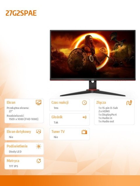 AOC Monitor 27G2SPAE 27 cali IPS 165Hz HDMIx2 DP Głośniki AOC Monitor 27G2SPAE 27 cali IPS 165Hz HDMIx2 DP Głośniki
