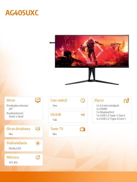 AOC Monitor AG405UXC 40 cali 144Hz IPS HDMIx2 DP USB-C HAS AOC Monitor AG405UXC 40 cali 144Hz IPS HDMIx2 DP USB-C HAS