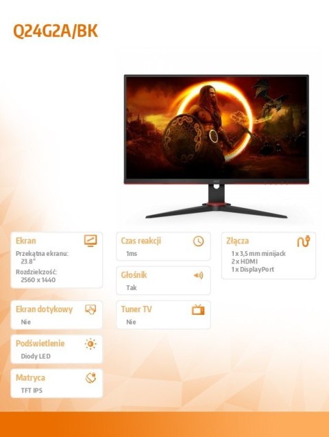 AOC Monitor Q24G2A 23.8 cala IPS 165Hz HDMIx2 DP HAS AOC Monitor Q24G2A 23.8 cala IPS 165Hz HDMIx2 DP HAS