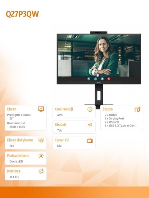 AOC Monitor Q27P3QW 27 cali IPS HDMI DP Pivot Kamera AOC Monitor Q27P3QW 27 cali IPS HDMI DP Pivot Kamera