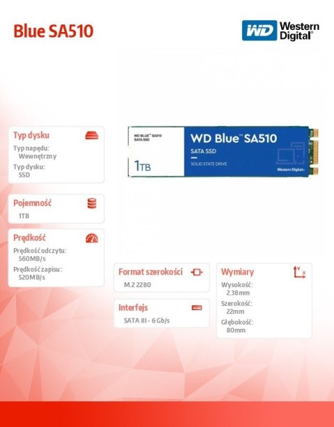 Western Digital Dysk SSD Blue 1TB SA510 M.2 2280 WDS100T3B0B Western Digital Dysk SSD Blue 1TB SA510 M.2 2280 WDS100T3B0B