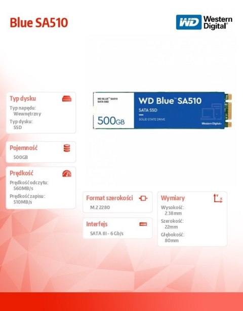 Western Digital Dysk SSD Blue SSD 500GB SA510 M.2 2280 WDS500G3B0B Western Digital Dysk SSD Blue SSD 500GB SA510 M.2 2280 WDS500G3B0B