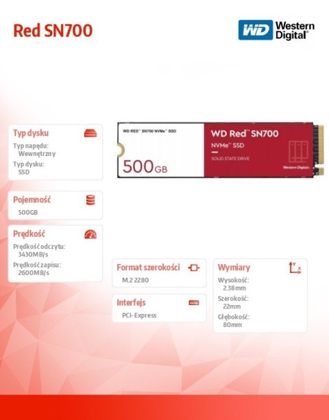 Western Digital Dysk SSD Red 500GB SN700 2280 NVMe M.2 PCIe Western Digital Dysk SSD Red 500GB SN700 2280 NVMe M.2 PCIe