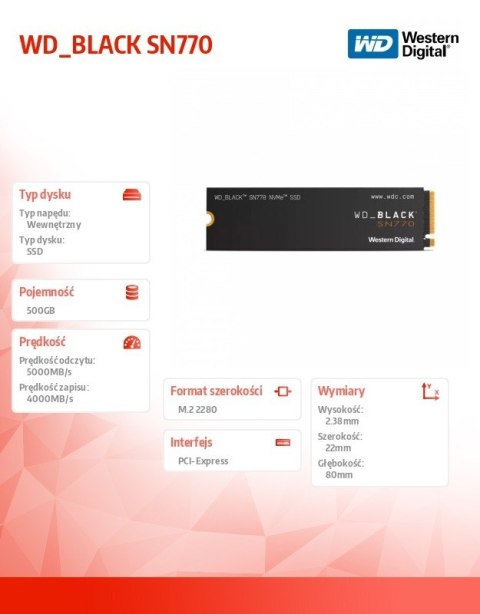 Western Digital Dysk SSD WD Black 500GB SN770 NVMe 2280 M2 WDS500G3X0E Western Digital Dysk SSD WD Black 500GB SN770 NVMe 2280 M2 WDS500G3X0E
