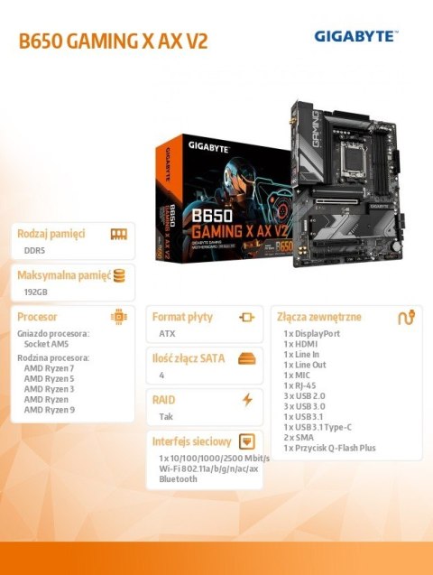 Gigabyte Płyta główna B650 GAMING X AX V2 AM5 4DDR5 HDMI/DP M.2 ATX Gigabyte Płyta główna B650 GAMING X AX V2 AM5 4DDR5 HDMI/DP M.2 ATX