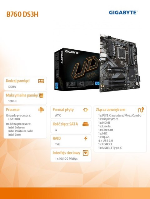 Gigabyte Płyta główna B760 DS3H s1700 4DDR5 DP/HDMI ATX Gigabyte Płyta główna B760 DS3H s1700 4DDR5 DP/HDMI ATX