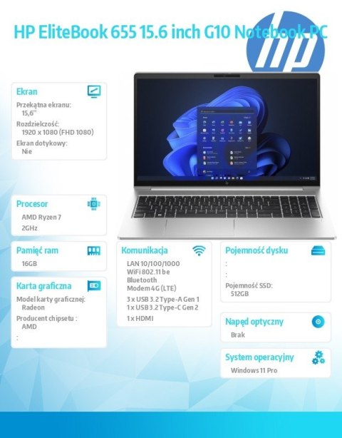 HP Inc. Notebook EliteBook 655 G10 R7-7730U 512GB/16GB/W11P/15.6 968N2ET HP Inc. Notebook EliteBook 655 G10 R7-7730U 512GB/16GB/W11P/15.6 968N2ET