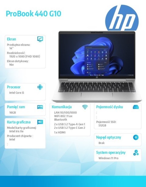 HP Inc. Notebook ProBook 440 G10 i5-1335U 512GB/16GB/W11P/14.0 968R2ET HP Inc. Notebook ProBook 440 G10 i5-1335U 512GB/16GB/W11P/14.0 968R2ET