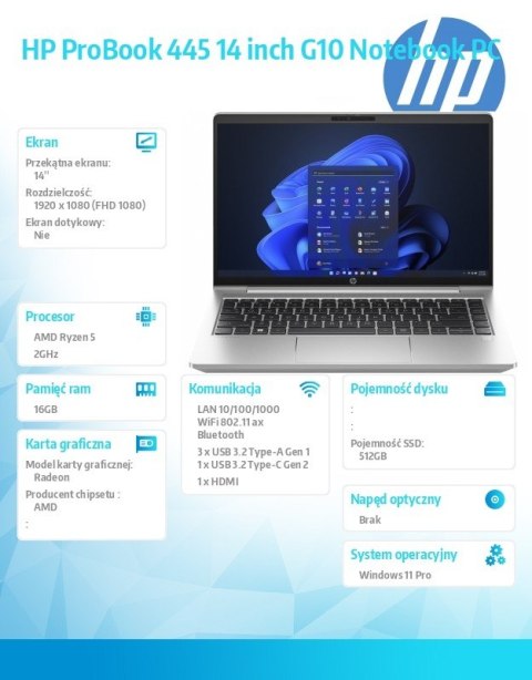 HP Inc. Notebook ProBook 445 G10 R5-7530U 512GB/16GB/W11P/14.0 968R5ET HP Inc. Notebook ProBook 445 G10 R5-7530U 512GB/16GB/W11P/14.0 968R5ET