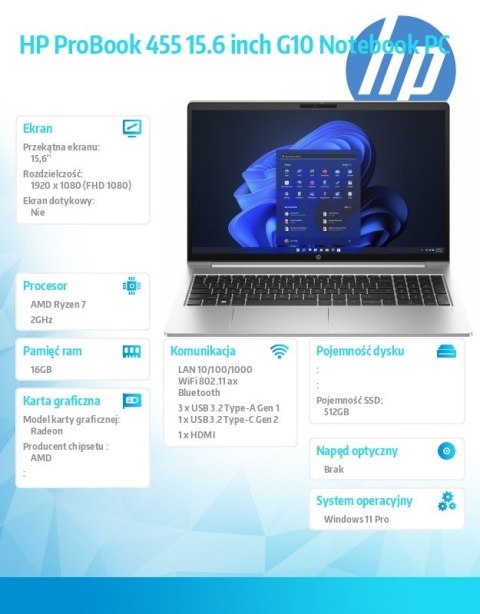 HP Inc. Notebook ProBook 455 G10 R7-7730U 512GB/16GB/W11P/15.6 968R3ET HP Inc. Notebook ProBook 455 G10 R7-7730U 512GB/16GB/W11P/15.6 968R3ET