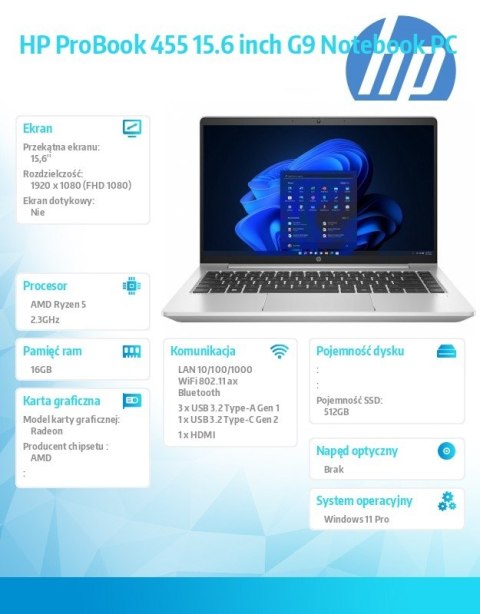 HP Inc. Notebook ProBook 455 G9 R5-5625U 512GB/16GB/W11P/15.6 9M3U3AT HP Inc. Notebook ProBook 455 G9 R5-5625U 512GB/16GB/W11P/15.6 9M3U3AT