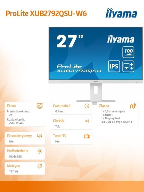 IIYAMA Monitor 27 cali ProLite XUB2792QSU-W6 IPS,QHD,HAS(150mm),100Hz,4xUSB3.2,SLIM IIYAMA Monitor 27 cali ProLite XUB2792QSU-W6 IPS,QHD,HAS(150mm),100Hz,4xUSB3.2,SLIM