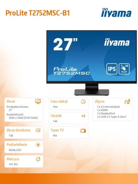 IIYAMA Monitor 27 cali T2752MSC-B1 10 PKT. POJ,IPS,HDMI,DP,2x2USB(3.2),2x1W400cd/m2,7H, IIYAMA Monitor 27 cali T2752MSC-B1 10 PKT. POJ,IPS,HDMI,DP,2x2USB(3.2),2x1W400cd/m2,7H,