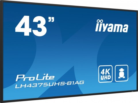 IIYAMA Monitor 42.5 cala ProLite LH4375UHS-B1AG, 24/7,IPS,ANDROID.11,4K,500cd/m2,WiFi,3xHDMI,DP,Daisy/Chain,2xUSB,2x10W,RJ45,iiSignage2 IIYAMA Monitor 42.5 cala ProLite LH4375UHS-B1AG, 24/7,IPS,ANDROID.11,4K,500cd/m2,WiFi,3xHDMI,DP,Daisy/Chain,2xUSB,2x10W,RJ45,iiSignage2