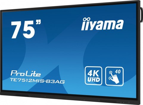 IIYAMA Monitor 75 cali ProLite TE7512MIS-B3AG,INFRARED,40pkt,IPS,4K, 24/7, 7H, WiFi,VGA, HDMI, USB-c, Bluetooth,metal,8ms, vesa, głośni IIYAMA Monitor 75 cali ProLite TE7512MIS-B3AG,INFRARED,40pkt,IPS,4K, 24/7, 7H, WiFi,VGA, HDMI, USB-c, Bluetooth,metal,8ms, vesa, głośni