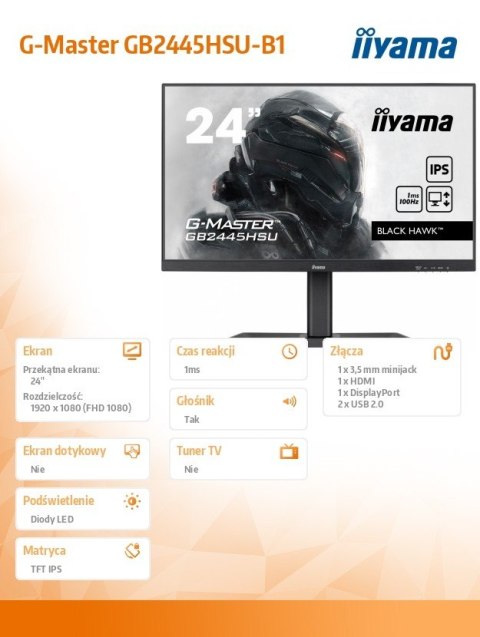 IIYAMA Monitor G-Master 23.8 cala GB2445HSU-B1 IPS,FHD,100Hz,1ms,2xUSB,HDMI,DP,2x2W, FreeSync,HAS(150mm) IIYAMA Monitor G-Master 23.8 cala GB2445HSU-B1 IPS,FHD,100Hz,1ms,2xUSB,HDMI,DP,2x2W, FreeSync,HAS(150mm)
