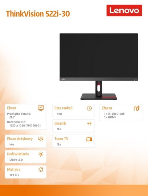 Lenovo Monitor 21.5 cala ThinkVision S22i-30 WLED LCD 63FCKATBEU Lenovo Monitor 21.5 cala ThinkVision S22i-30 WLED LCD 63FCKATBEU
