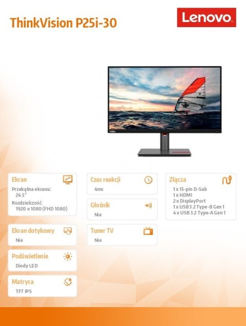 Lenovo Monitor 24.5 cala ThinkVision P25i-30 FHD 63F4MAT1EU Lenovo Monitor 24.5 cala ThinkVision P25i-30 FHD 63F4MAT1EU