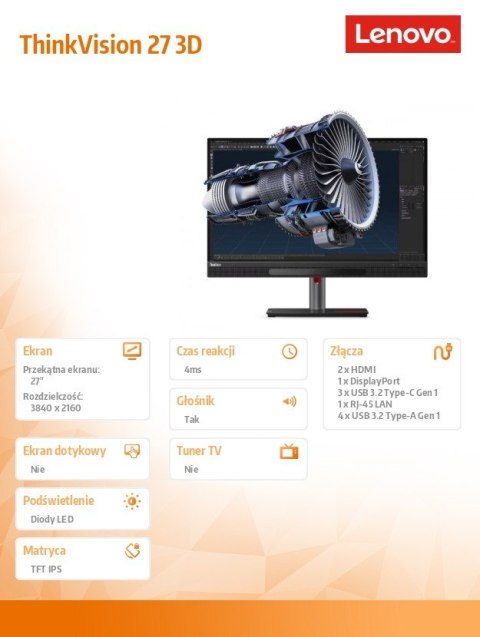 Lenovo Monitor ThinkVision 3D 27 cali WLED 63F1UAT3EU Lenovo Monitor ThinkVision 3D 27 cali WLED 63F1UAT3EU