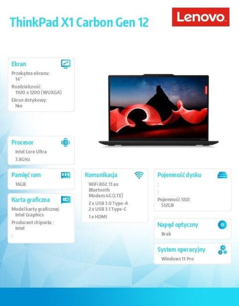 Lenovo Ultrabook ThinkPad X1 Carbon G12 21KC0055PB W11Pro Ultra 7 155U/16GB/512GB/INT/LTE/14.0 WUXGA/Black/vPro/3YRS Premier Support + Lenovo Ultrabook ThinkPad X1 Carbon G12 21KC0055PB W11Pro Ultra 7 155U/16GB/512GB/INT/LTE/14.0 WUXGA/Black/vPro/3YRS Premier Support +