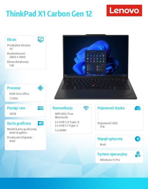 Lenovo Ultrabook ThinkPad X1 Carbon G12 21KC005VPB W11Pro Ultra 7 155U/32GB/1TB/INT/LTE/14.0 2.8K OLED/Black/vPro/3YRS Premier Support Lenovo Ultrabook ThinkPad X1 Carbon G12 21KC005VPB W11Pro Ultra 7 155U/32GB/1TB/INT/LTE/14.0 2.8K OLED/Black/vPro/3YRS Premier Support