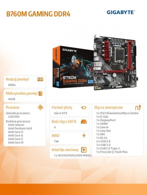 Gigabyte Płyta główna B760M GAMING DDR4 s1700 2DDR4 DP/HDMI mATX Gigabyte Płyta główna B760M GAMING DDR4 s1700 2DDR4 DP/HDMI mATX