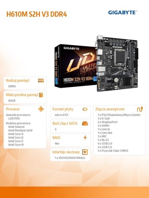 Gigabyte Płyta główna H610M S2H V3 DDR4 s1700 2DDR4 DP/HDMI M.2 mATX Gigabyte Płyta główna H610M S2H V3 DDR4 s1700 2DDR4 DP/HDMI M.2 mATX