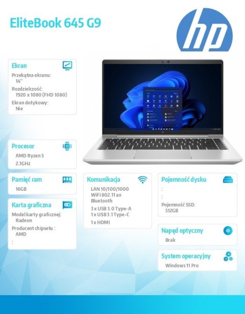 HP Inc. Notebook EliteBook 645 G9 R5-5625U W11P 512GB/16GB/14.0 9V1G4AT HP Inc. Notebook EliteBook 645 G9 R5-5625U W11P 512GB/16GB/14.0 9V1G4AT