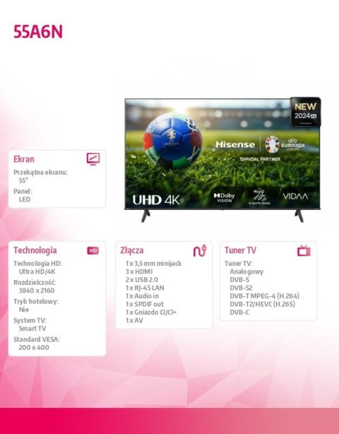 Hisense Telewizor LED 55 cali 55A6N Hisense Telewizor LED 55 cali 55A6N