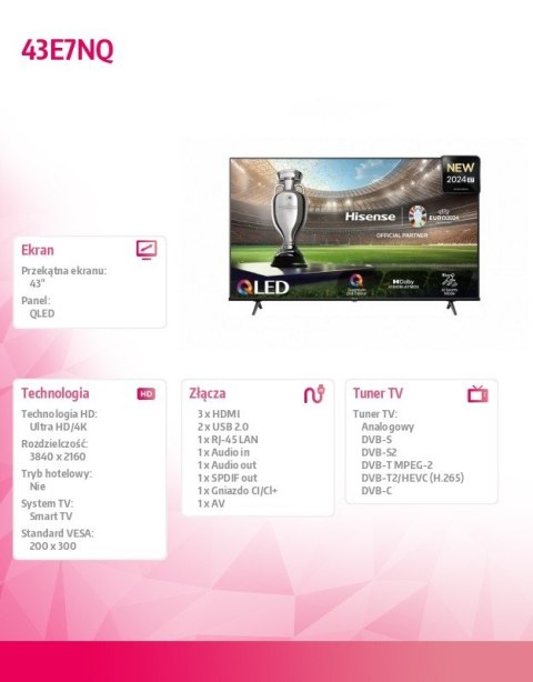 Hisense Telewizor QLED 43 cale 43E7NQ Hisense Telewizor QLED 43 cale 43E7NQ