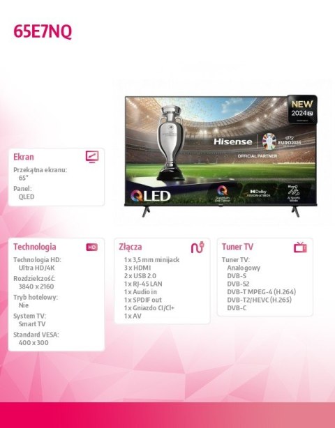 Hisense Telewizor QLED 65 cali 65E7NQ Hisense Telewizor QLED 65 cali 65E7NQ