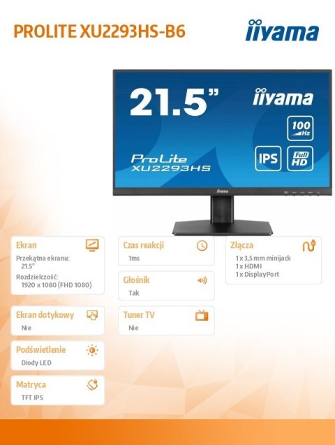 IIYAMA Monitor 21,5 cala XU2293HS-B6 IPS/HDMI/DP/SLIM/2x1W IIYAMA Monitor 21,5 cala XU2293HS-B6 IPS/HDMI/DP/SLIM/2x1W