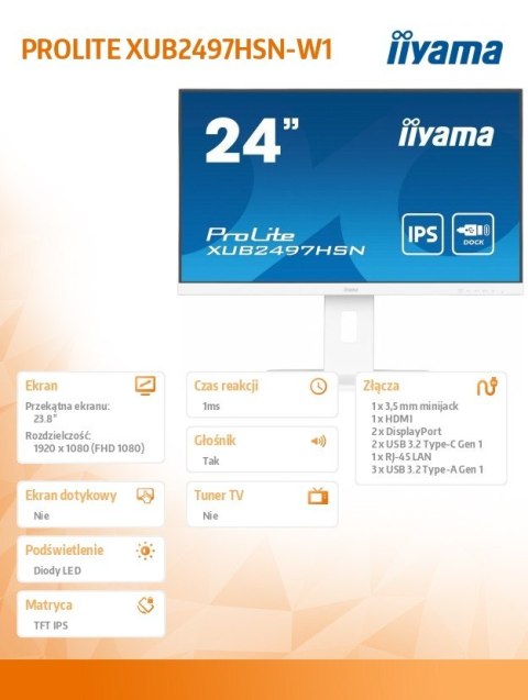 IIYAMA Monitor 24 cale XUB2497HSN-W1 IPS,USB-C Dock,HDMI,DP /5y/ IIYAMA Monitor 24 cale XUB2497HSN-W1 IPS,USB-C Dock,HDMI,DP /5y/